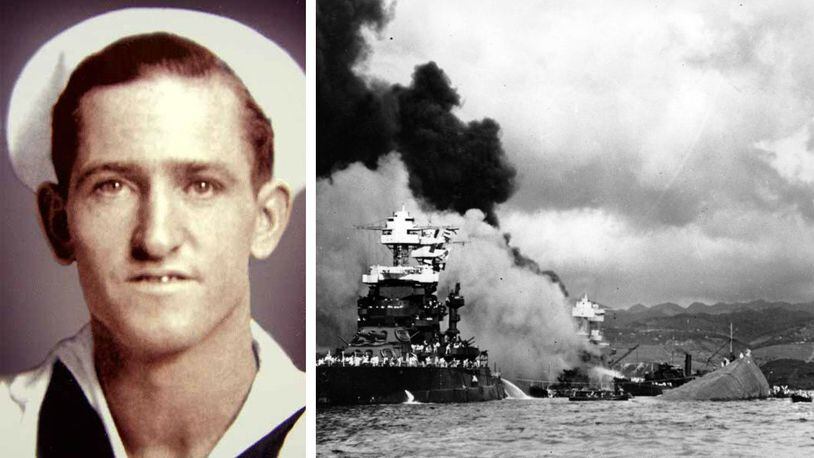 The remains of U.S. Navy WT2 Edgar David Gross, left, were officially identified Sept. 5, 2018, nearly 77 years after he was killed in the Dec. 7, 1941, Japanese attack on Pearl Harbor, which launched World War II.  At right, part of the hull of the sunken USS Oklahoma, on which Gross was assigned and died, can be seen above the water's surface as the USS Maryland remains afloat and the USS West Virginia, in the background between the two ships, sinks after suffering heavy damage.
