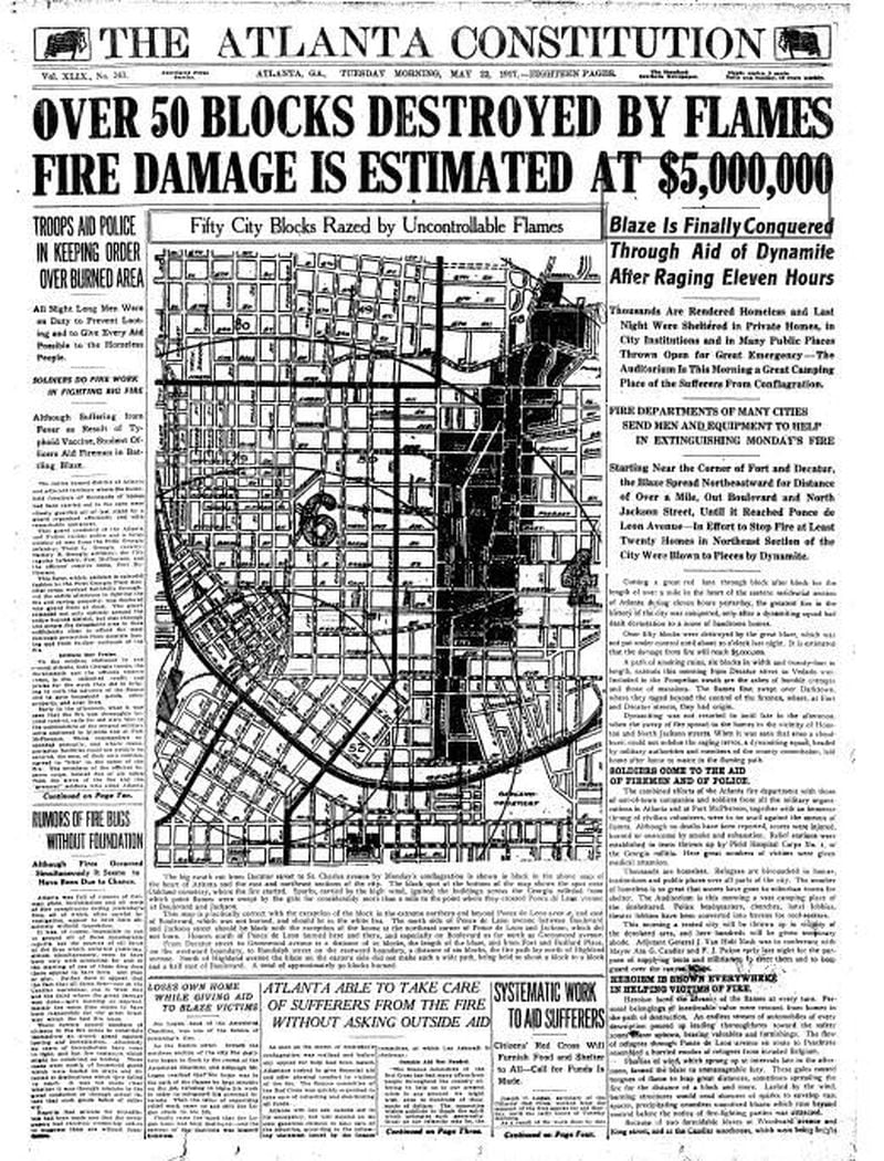 The Great Atlanta Fire of 1917 caused more than 50 city blocks to be destroyed by uncontrollable flames.