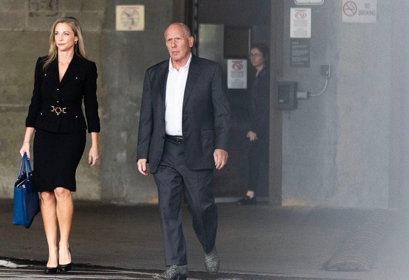 Trump Lawyers Jennifer Little (left) and  Steve Sadow walk out of the Richard B. Russell Federal Courthouse after hearing Mark Meadow’s testimony to move the Georgia Rico case to Federal Court on August 28, 2023 in Atlanta. (Michael Blackshire/Michael.blackshire@ajc.com)