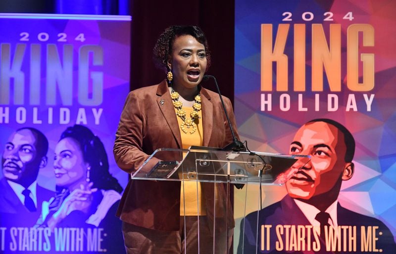 Bernice King, CEO of The Martin Luther King Jr. Center, speaks to members of the press during a press conference to unveil details of 2024 King Holiday Observance at The King Center, Thursday, December 4, 2024, in Atlanta. (Hyosub Shin / Hyosub.Shin@ajc.com)