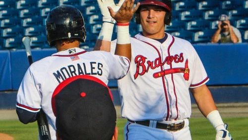 Austin Riley, pictured in a game last season at low Single-A Rome, is considered the best power-hitting prospect in the Braves organization. He was brought over from minor league camp as an extra for Saturday’s split-squad game against the Marlins and went 2-for-2 with a double. (Photo courtesy Rome Braves)