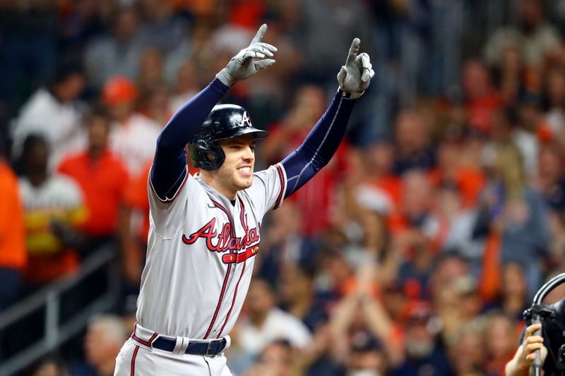 Braves first baseman Freddie Freeman reacts after hitting a solo home run during the seventh inning against the Houston Astros in game 6 of the World Series at Minute Maid Park, Tuesday, November 2, 2021, in Houston, Tx. Curtis Compton / curtis.compton@ajc.com