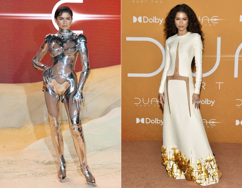 This combination of photos shows Zendaya at the premiere of "Dune: Part Two" in London on Feb. 15, 2024, left, and Zendaya at the New York premiere of the film on Feb. 25, 2024. (AP Photo)