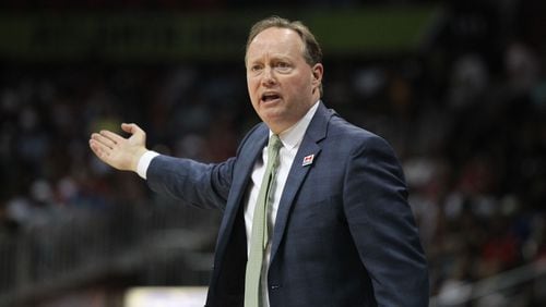 Atlanta Hawks head coach Mike Budenholzer reacts during Sunday’s game against the Cleveland Cavaliers. (HENRY TAYLOR / HENRY.TAYLOR@AJC.COM)
