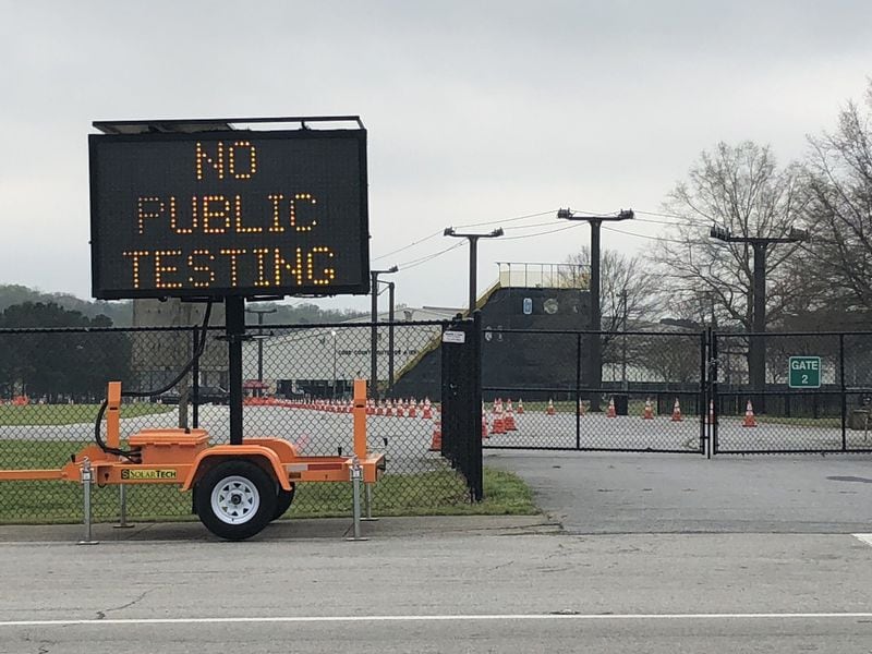 An electronic sign outside a COVID-19 testing center in Cobb County warns motorists “No Public Testing.” Cobb & Douglas Public Health opened the drive-through testing center on March 18, 2020, for high-risk people by referral only. (J. SCOTT TRUBEY/STRUBEY@AJC.COM)