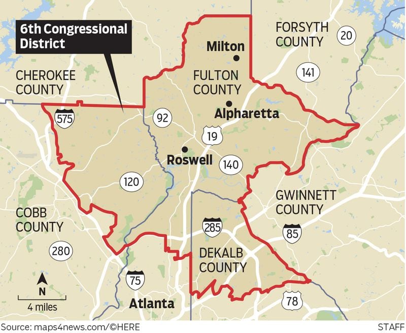 Georgia's 6th congressional district in metro Atlanta includes part of Cobb County, north Fulton County and DeKalb County.