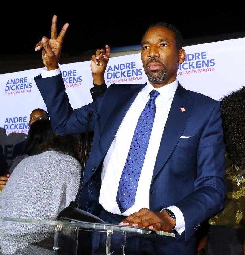 Then-Mayor-elect Andre Dickens flashes a peace sign as he concludes his victory address during his election night watch party on Tuesday, Nov. 30, 2021, at the Gathering Spot in Atlanta.  Curtis Compton / Curtis.Compton@ajc.com