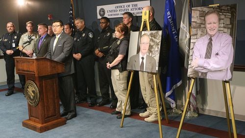 U.S. Attorney Byung J. “BJay” Pak and law enforcement officials announce that Dr. Joseph L. Burton (seen in displayed photographs) has been indicted along with seven other individuals by a federal grand jury on charges of illegal distribution of opioid painkillers and other drugs at the Richard Russell Federal Courthouse on Thursday, March 1, 2018, in Atlanta. Curtis Compton/ccompton@ajc.com