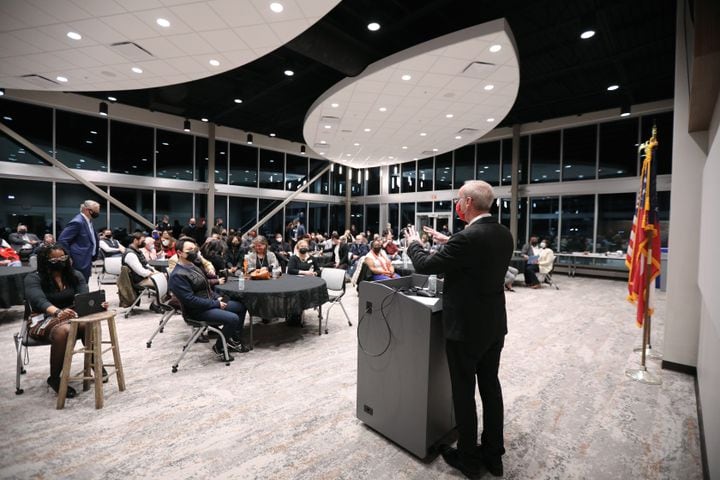 The new mayor of Chamblee addressed the crowd after the swearing in ceremony at the Chamblee Public Safety building on Thursday, January 13, 2022. Miguel Martinez for The Atlanta Journal-Constitution