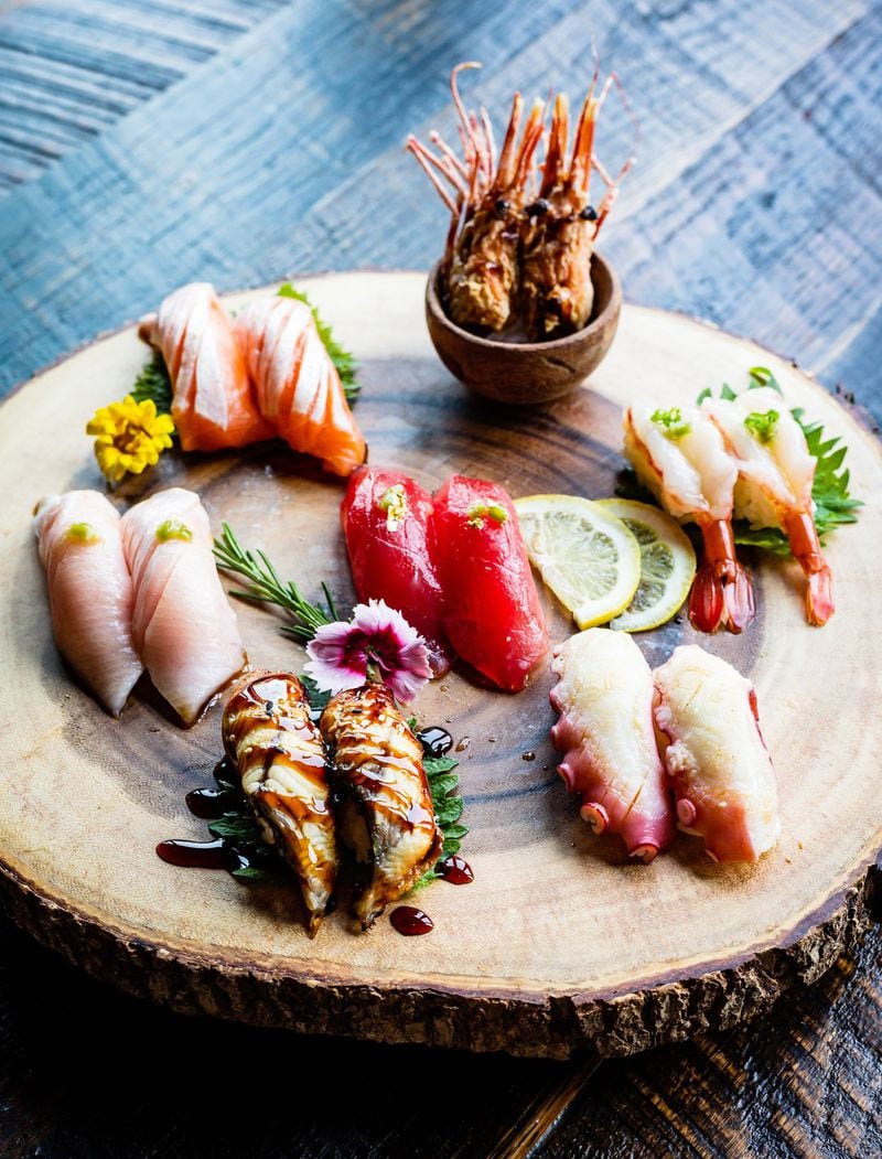 This nigiri plate at Fudo includes tuna, eel, salmon, yellowtail, octopus and sweet raw shrimp. CONTRIBUTED BY HENRI HOLLIS