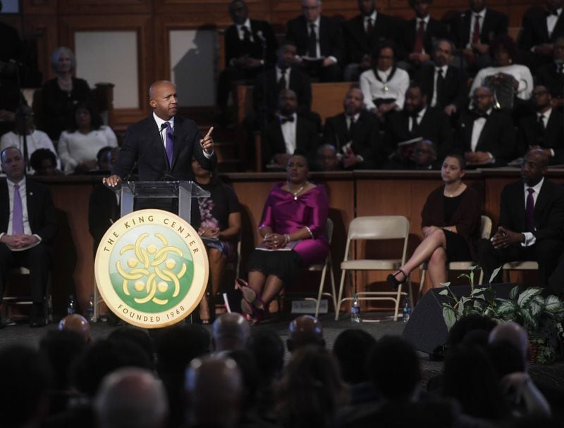 Bryan Stevenson speaks at the Martin Luther King, Jr. Annual Commemorative Service, Monday, Jan. 21, 2019. Stevenson is the founder and executive director of Equal Justice Initiative. (Annie Rice/For The Atlanta Journal-Constitution)