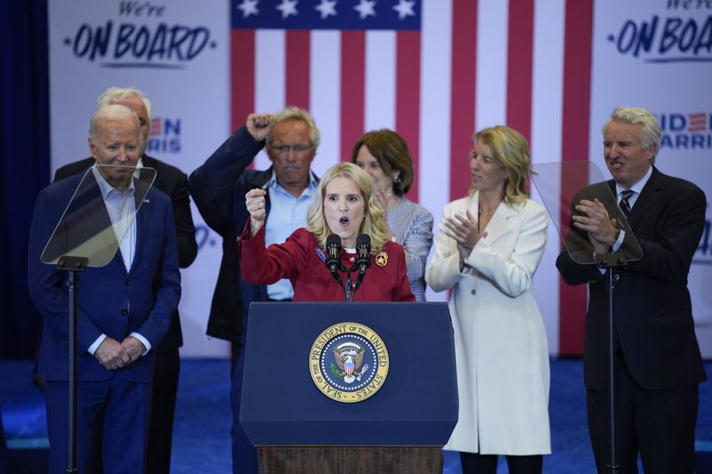 Kerry Kennedy speaks before President Joe Biden during a campaign event in Philadelphia, Thursday, April 18, 2024, with members of the Kennedy family. (AP Photo/Matt Rourke)