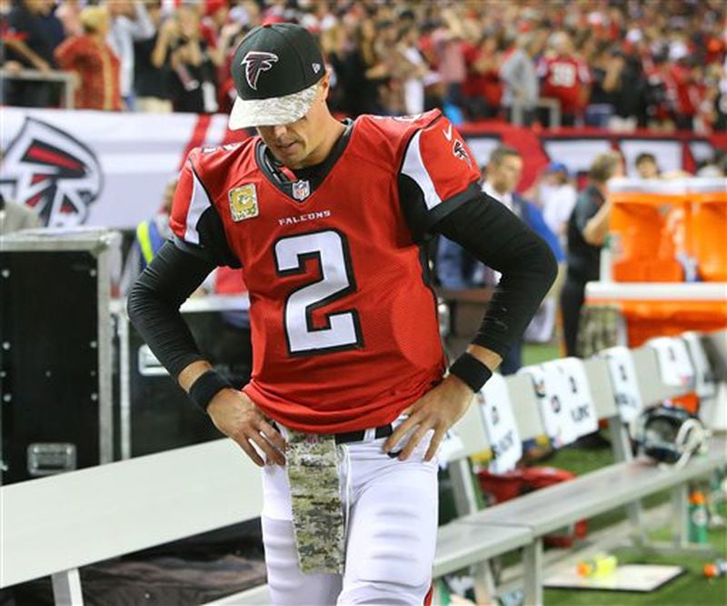 Atlanta Falcons quarterback Matt Ryan walks near the bench in the final moments of a 26-24 loss to the Cleveland Browns in an NFL game Sunday, Nov. 23, 2014, in Atlanta. (AP Photo/Atlanta Journal-Constitution, Curtis Compton) MARIETTA DAILY OUT; GWINNETT DAILY POST OUT; LOCAL TELEVISION OUT; WXIA-TV OUT; WGCL-TV OUT Even Matt Ryan was culpable in this one. (Curtis Compton/AJC)