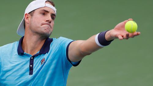 John Isner serves to Lukas Lacko of Slovakia during the BB&T Atlanta Open at Atlantic Station on July 28, 2017 in Atlanta, Georgia. (Photo by Kevin C. Cox/Getty Images)