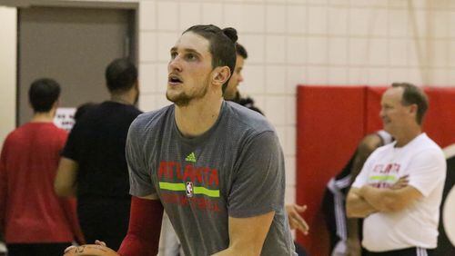 Mike Muscala during the Atlanta Hawks' training camp at Stegeman Coliseum in Athens, Georgia on Tuesday, Sept. 27, 2016. (Photo by Cory A. Cole)