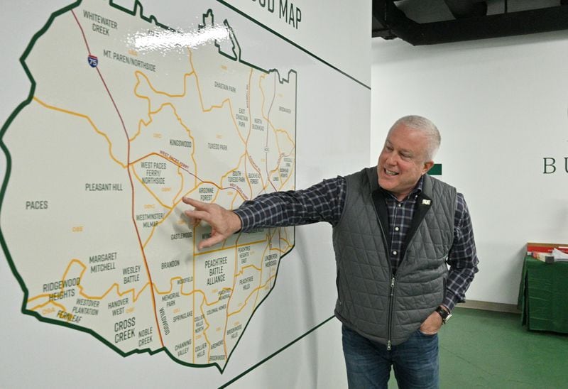 Bill White, chairman and chief executive officer of the Buckhead City Committee, shows the proposed map of Buckhead City at the organization's headquarters in Atlanta on Friday, February 4, 2022. (Hyosub Shin / Hyosub.Shin@ajc.com)