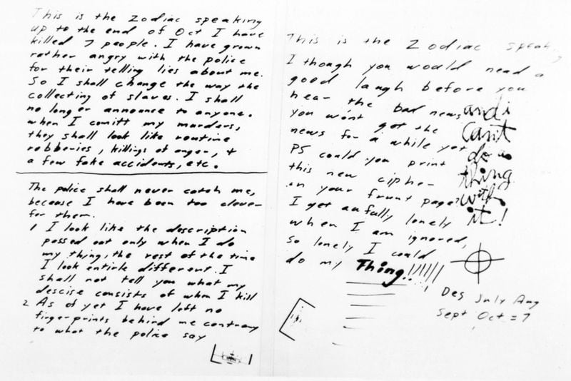 Pictured are some of the letters the self-identified Zodiac Killer sent to the San Francisco Chronicle during his string of attacks in 1968 and 1969. The killer has never been identified and police detectives in Vallejo, California, have submitted the envelopes from his letters to a DNA lab in the hopes of identifying a suspect 50 years later.