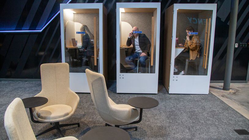 Employee can used booth for quiet conversations & other work at Crisp, Inc. in Atlanta. For the Top Workplace small company category. PHIL SKINNER FOR THE ATLANTA JOURNAL-CONSTITUTION.
