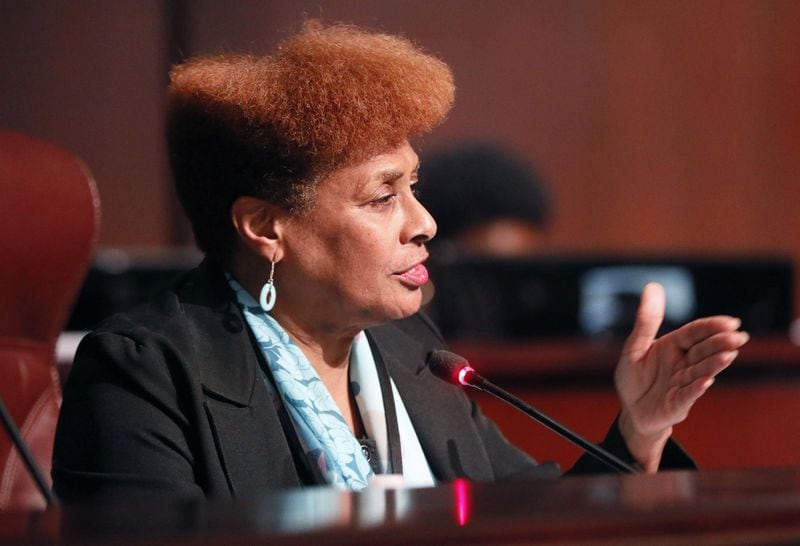 Atlanta City Council member Cleta Winslow on September 13, 2018, during a committee work session to study the Gulch deal. Nearly two months later, during a marathon public debate on November 5, Winslow drove through the deal, passing out “Green Light the Gulch” T-shirts before the meeting. 