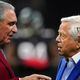 Atlanta Falcons owner Arthur Blank, left, speaks with New England Patriots owner Robert Kraft, second from right, before the first half of an NFL football game, Thursday, Nov. 18, 2021, in Atlanta. (AP Photo/Brynn Anderson)