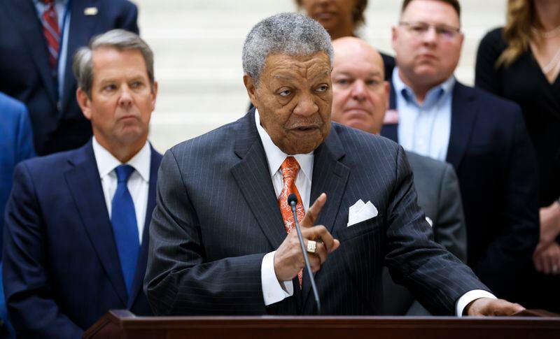 Fulton County Commission Chair Robb Pitts comments on the plan to help the Grady Memorial Hospital as Gov. Brian Kemp and others listen during a news conference at the Georgia Capitol in Atlanta on Thursday, September 15, 2022.   (Bob Andres for the Atlanta Journal Constitution)