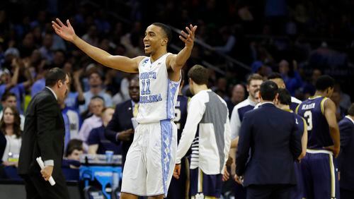 North Carolina's Brice Johnson reacts during the second half of a regional final men's college basketball game against Notre Dame in the NCAA Tournament, Sunday, March 27, 2016, in Philadelphia. (AP Photo/Chris Szagola)