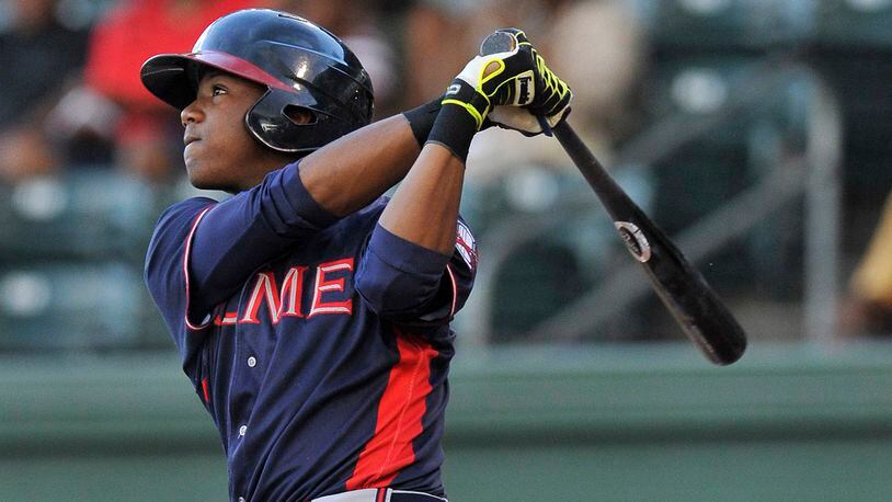 Center fielder Ronald Acuna (24) of the Rome Braves bats in a game against the Greenville Drive on Wednesday, August 31, 2016, at Fluor Field at the West End in Greenville, South Carolina. Rome won, 9-1. (Tom Priddy/Four Seam Images via AP Images)