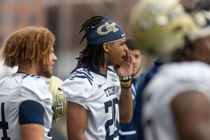 Lamiles Brooks (20) yells from the sidelines during the first day of spring practice for Georgia Tech football at Alexander Rose Bowl Field in Atlanta, GA., on Thursday, February 24, 2022. (Photo Jenn Finch)