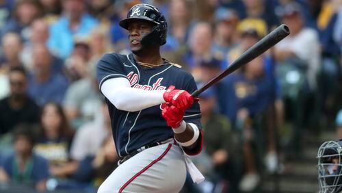 The Atlanta Braves' Jorge Soler hits a double in the third inning against the Milwaukee Brewers in Game 2 of the National League Division Series at American Family Field in Milwaukee on Saturday, Oct. 9, 2021. (Curtis Compton/Atlanta Journal-Constitution/TNS)