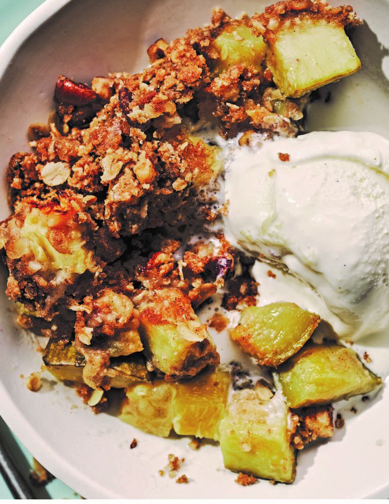 Ginger-Pecan Zucchini Crisp from “Vegetable Revelations” by Steven Satterfield. Published by Harper Wave, an imprint of HarperCollins Publishers. Reprinted by permission. Photos credited to Andrew Thomas Lee.
(Courtesy of HarperCollins Publishers / Andrew Thomas Lee)