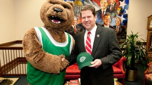 Gov. Brian Kemp poses with the Georgia Gwinnett College mascot during the 2019 Gwinnett Day at the Capitol. COURTESY OF GEORGIA GWINNETT COLLEGE