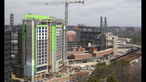 Here's a look at the progress of building the Omni Hotel at The Battery Atlanta on March 1, 2017. Construction workers had just placed the roof on the hotel.