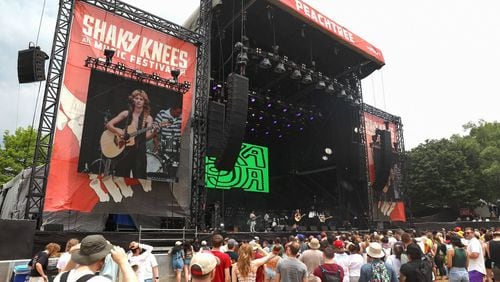 Fans gather for artist Linka Moja early in the afternoon as the first day of Shaky Knees begins to ramp up on May 3, 2024. (Riley Bunch/The Atlanta Journal-Constitution)