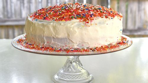 Duke's Confetti Cake was created for the classic condiment's 100th birthday, in 2017. Duke's mayonnaise is the invention of Eugenia Thomas Duke, a Columbus, Ga., native who used the sauce to make sandwiches for World War I soldiers. STYLING BY WENDELL BROCK / CONTRIBUTED BY CHRIS HUNT PHOTOGRAPHY