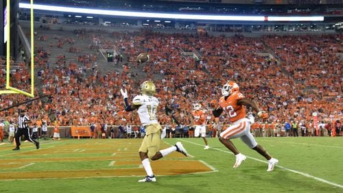 Georgia Tech wide receiver Ahmarean Brown (10) catches a touchdown pass in the second half at Memorial Stadium on the Clemson University campus in Clemson, S.C. on Thursday, August 29, 2019. Clemson won 52-14 over the Georgia Tech. (Hyosub Shin / Hyosub.Shin@ajc.com)