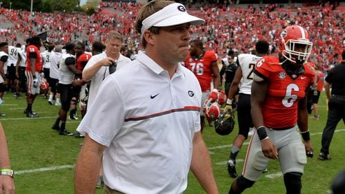 Georgia coach Kirby Smart walks off the field after falling to Vanderbilt 17-16 at Sanford Stadium, dropping his team to 4-3 overall and 2-3 in the SEC. (Brant Sanderlin / bsanderlin@ajc.com)