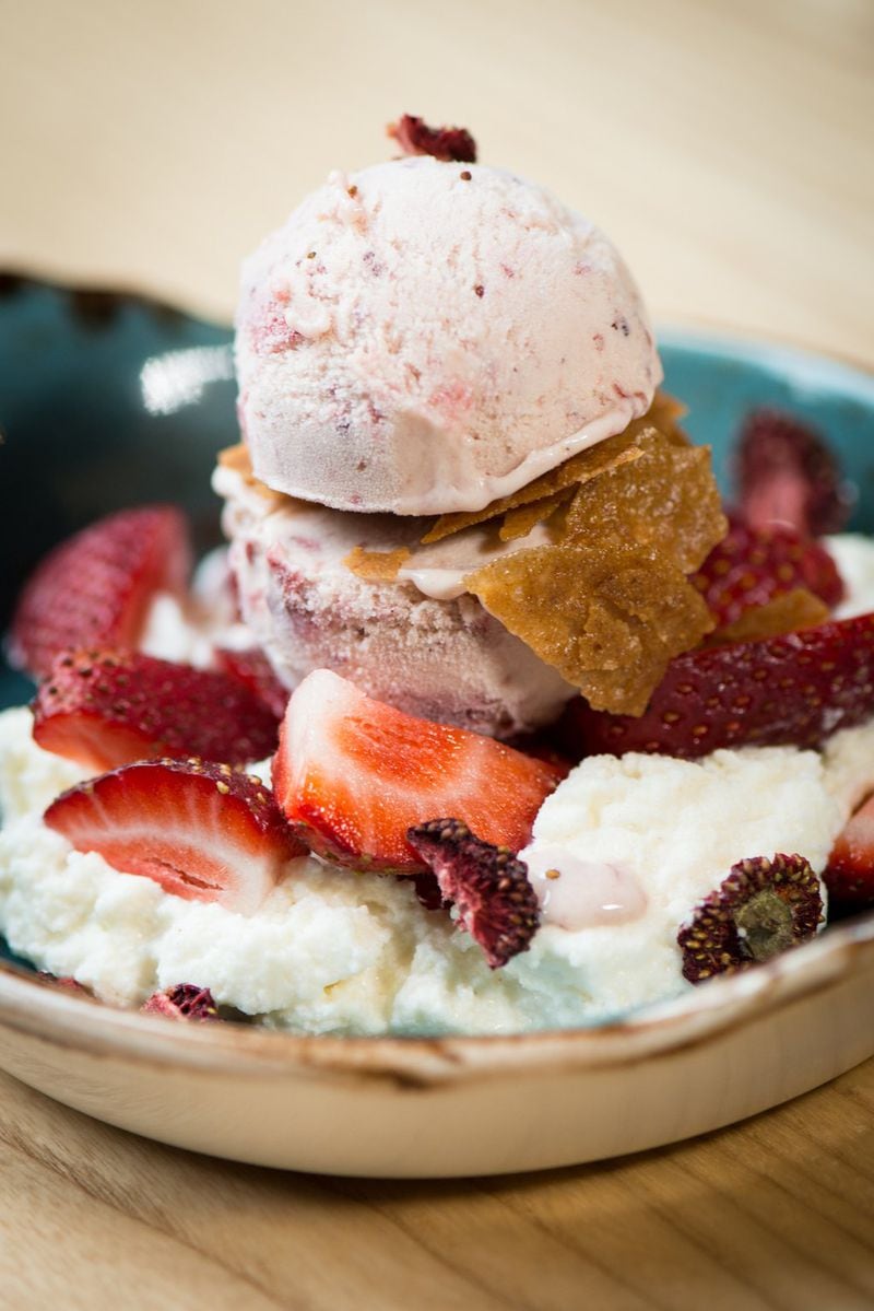 A good dessert option at Cast Iron is whipped cornbread with strawberry rhubarb ice cream. CONTRIBUTED BY MIA YAKEL