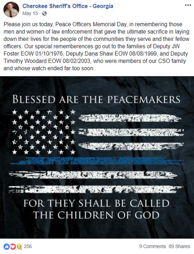 This is a Facebook post by the Cherokee County Sheriff's Office that the Freedom From Religion Foundation mentioned in its letter to the sheriff's office alleging "divisive religious promotion."