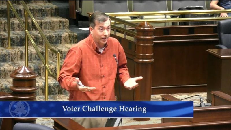 Jason Frazier speaks about his challenges to voter eligibility during an Fulton County elections board meeting on March 16, 2023. Frazier is a Republican Party nominee to serve on the county's elections board. (Screenshot)