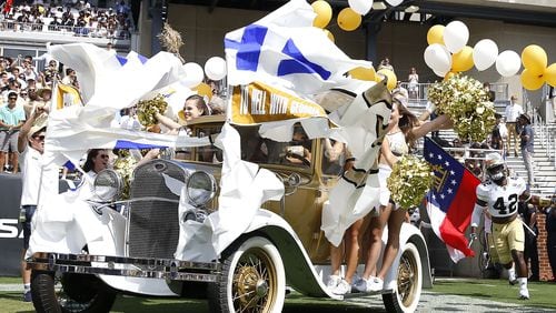 The Ramblin' Wreck rides on the field prior to the game between the Georgia Tech Yellow Jackets and the Pittsburgh Panthers Sept. 23, 2017, at Bobby Dodd Stadium in Atlanta.