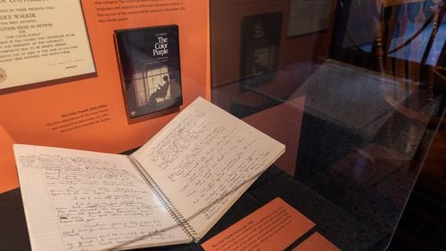 A notebook manuscript of Alice Walker’s The Color Purple at the At the Crossroads exhibit at the Stuart A. Rose Manuscript, Archives & Rare Book Library at Emory.  (Arvin Temkar / arvin.temkar@ajc.com)