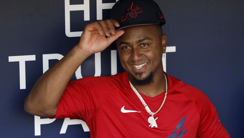 Braves second baseman Ozzie Albies talks with a member of the media before the game against the Philadelphia Phillies at Truist Park, Friday, September 16, 2022, in Atlanta. Albies is back for the Braves, rejoining the club after a months-long absence because of injury. (Jason Getz / Jason.Getz@ajc.com)