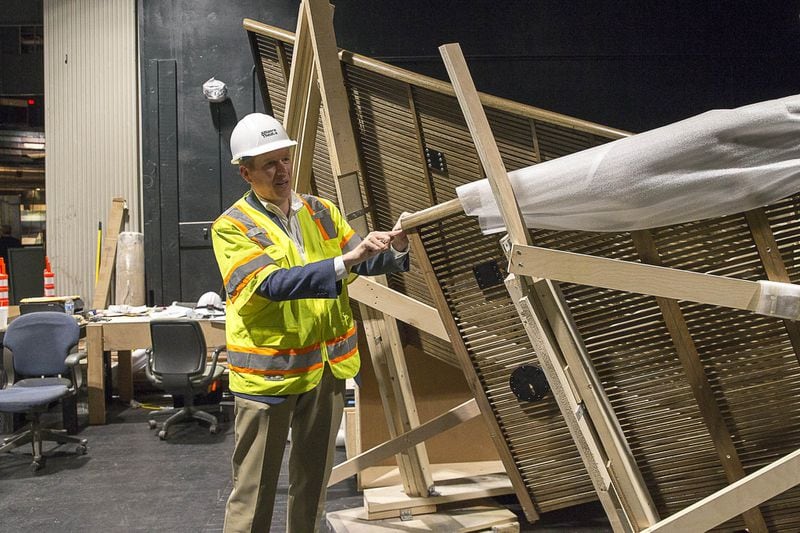 Alliance Theatre managing director Mike Schleifer explains how craftsmen in New Hampshire create the bent-wood panels that are then shipped to Atlanta. Some panels won’t be installed until later this year, he said.  ALYSSA POINTER/ALYSSA.POINTER@AJC.COM