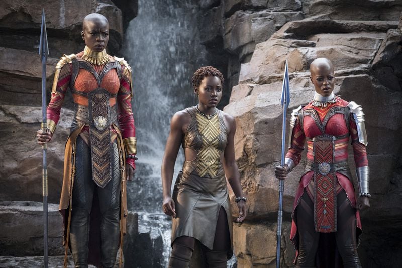 From left, Danai Gurira, Lupita Nyong’o and Florence Kasumba in “Black Panther.” The film is full of strong female characters. Contributed by Marvel Studios