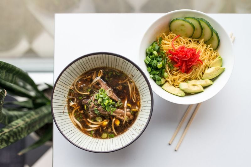 Lamb Tsukemen with braised lamb, bean sprouts, pickled ginger, and scallions. Photo credit- Mia Yakel.