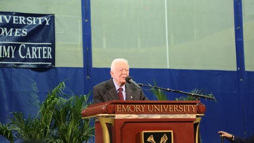 Former U.S. President Jimmy Carter, University Distinguished Professor at Emory, hosted his 38th Carter Town Hall meeting for first-year Emory University students at the Woodruff P.E. Center in Atlanta on Wednesday night. (Tyson Horne/Tyson.Horne@ajc.com)