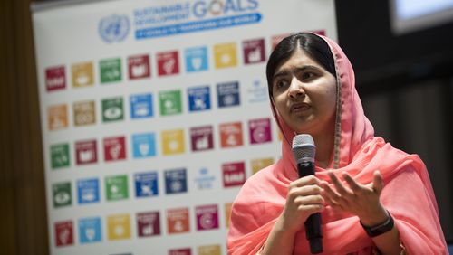 NEW YORK, NY - APRIL 10: Malala Yousafzai speaks during a ceremony to name her as a United Nations Messenger of Peace at UN headquarters, April 10, 2017 in New York City. Yousafzai, who is the youngest winner of the Nobel Peace Prize, will now become the youngest to be named a United Nations Messenger of Peace. (Photo by Drew Angerer/Getty Images)