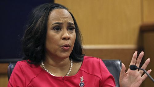 Fulton County District Attorney Fani Willis testifies during a hearing on the Georgia election interference case in Atlanta on Feb. 15, 2024. The Democrat is up for a second term in November. (Alyssa Pointer via AP)