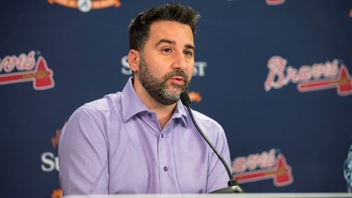 Atlanta Braves general manager Alex Anthopoulos answers questions on Thursday, Oct. 10, a day following the Atlanta Braves loss to the St. Louis Cardinals in the NLDS.