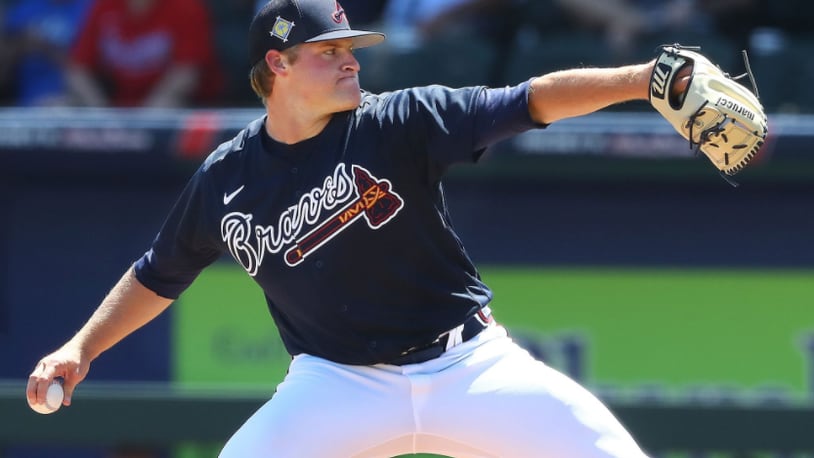 Braves starting pitcher Bryce Elder delivers against the Twins during a spring training game in North Port, Fla. Elder is scheduled to make his MLB debut on Tuesday night. (Curtis Compton/Atlanta Journal-Constitution via AP)